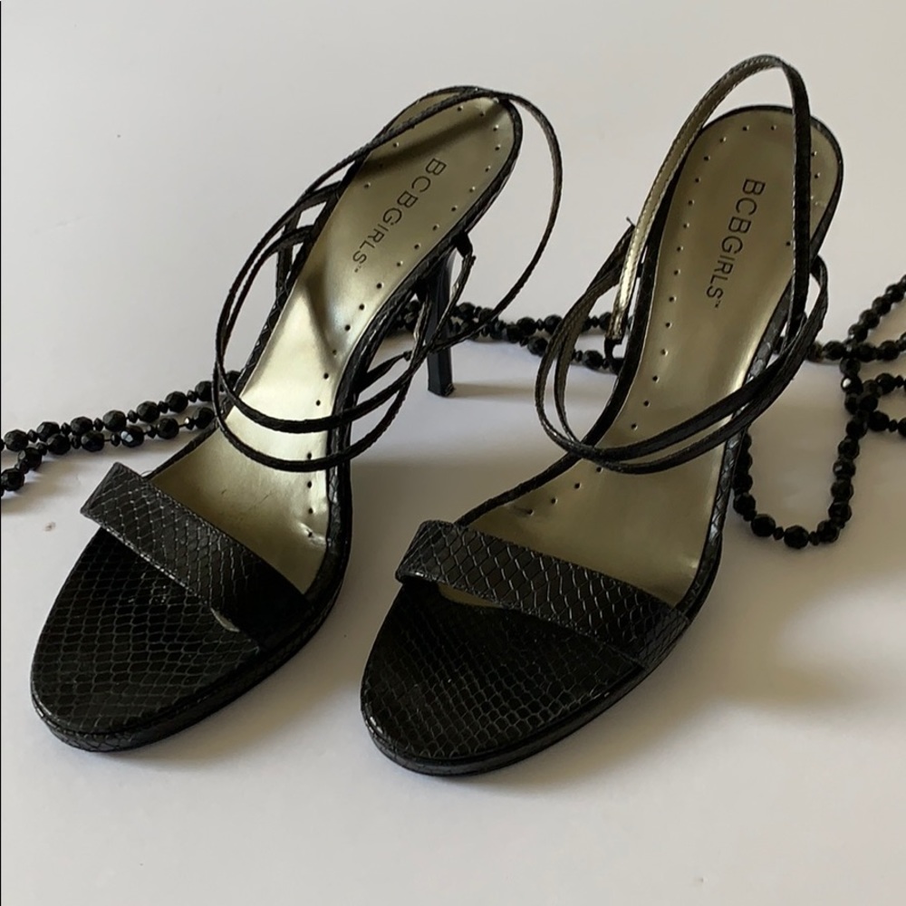 BCBG black heeled strappy sandals